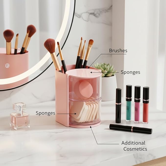 2-Layer (pink) Clear Hair Accessories Organizer,with Hair Brushes Holder Rotatable Small Jewelry Box for Hair Clip, Earring Necklaces, Makeup Brush, Hair Accessories.