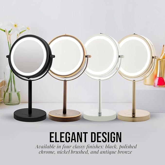 OVENTE 6" Lighted Makeup Mirror with 1X/7X Magnification, Cordless Tabletop Mount Vanity Round Mirror with 360° Swivel Design and Double Sided Cool Tone LED Ring Light, Matte Black MLT60B1X7X