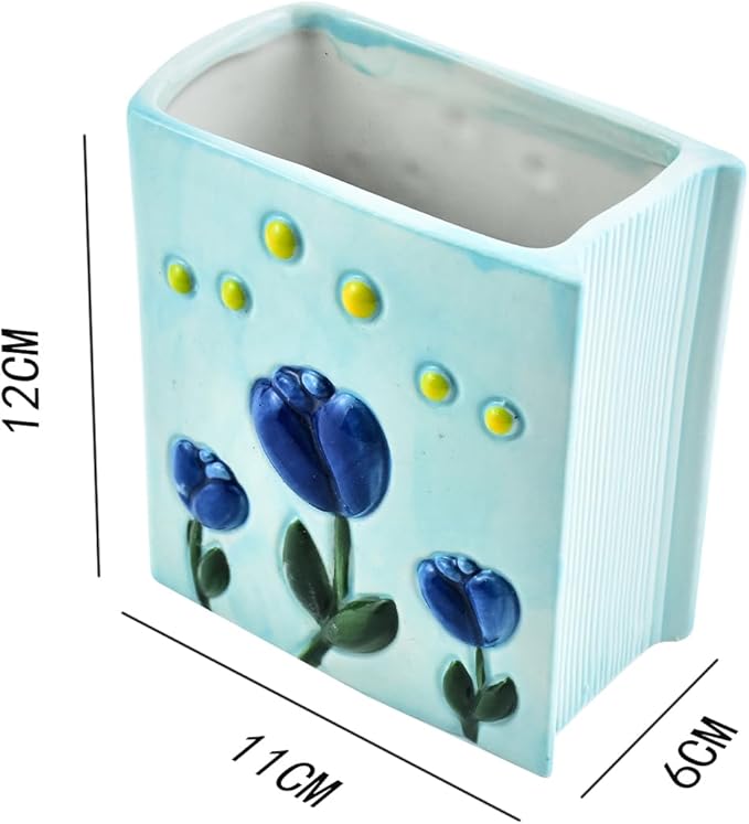 Ceramic Book Shaped Tulip Pattern Cosmetic Storage Box, Desktop Organizers Make Up Brush Storage Stand Desktop Storage Box for Brush,Pencil,Art Supplies, Painting Brush (Blue)
