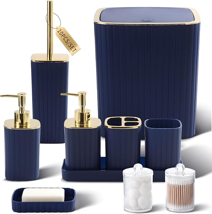 XLHOMO Bathroom Accessories Set - Gorgeous Bathroom Set, 10PC Navy Blue Bathroom Accessory Set, Toilet Brush, Trash Can, Qtip Holder & Soap Dispenser