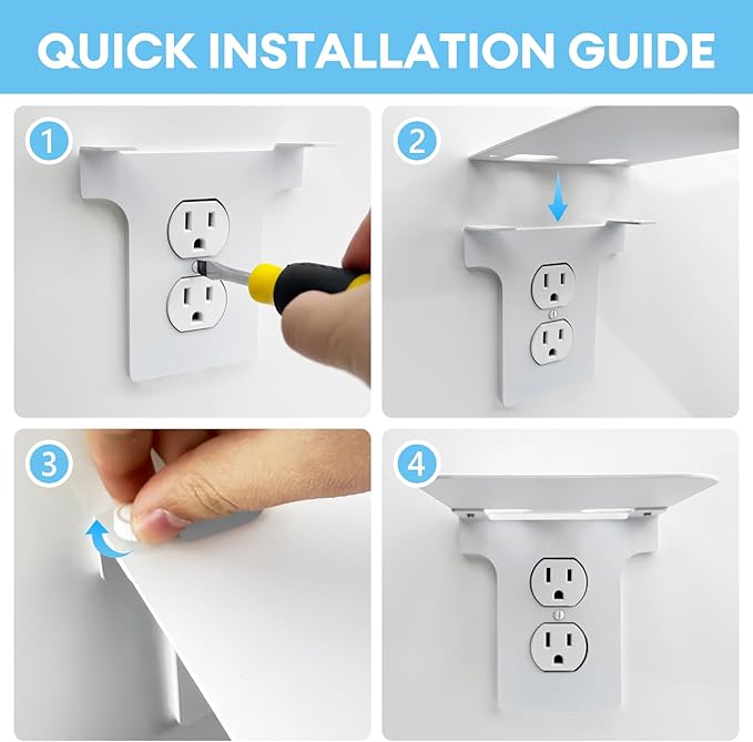 Metal Outlet Shelf Wall Holder for Duplex (Round) Outlets - Bathroom & Kitchen Organizer with Cord Storage, Quick Install for Smart Home Toothbrush Holder Holds Smart Speaker Cell Phone