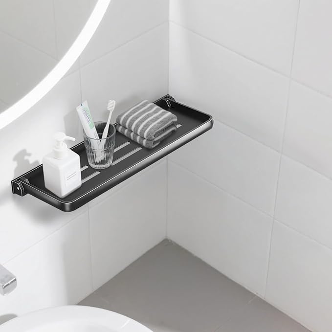 Black Aluminum Folding Shelf, 11.81 X 5 in, Wall Mounted Bathroom Shelf, Space-Saving