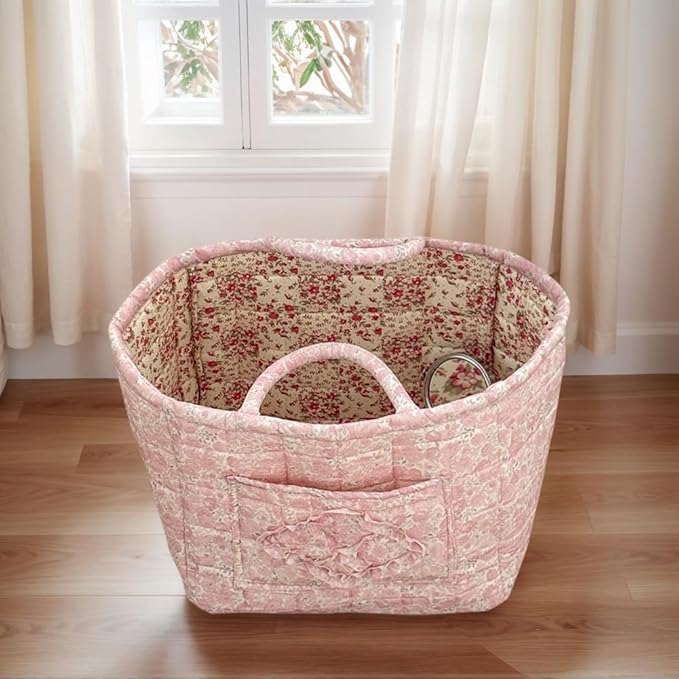 Quilted Fabric Storage Basket Boho Floral Laundry Baskets with Handles Collapsible Quilted Soft Basket for Car, Clothes, Toys Storage