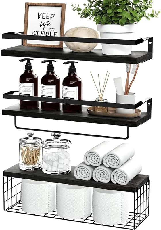 Generic Wooden Floating Shelves for Bathroom Organizer Over Toilet Wall Shelf Bathroom Organizer with Metal Frame Bathroom Shelf with Basket Storage Rack (Black)