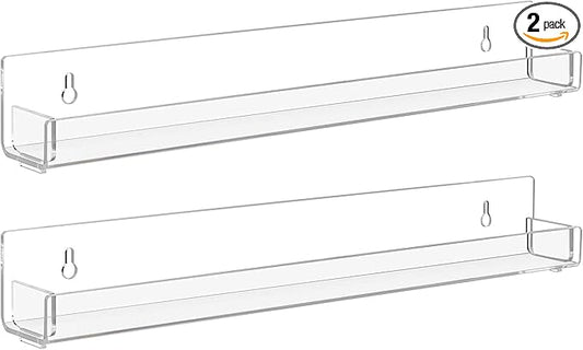 2 Pack Clear Nail Polish Rack Wall Mounted,15 inch Invisible Acrylic Floating Bookshelf,Small Toy Storage Wall Shelf Modern Picture Ledge Vinyl Record Display Shelf Holder