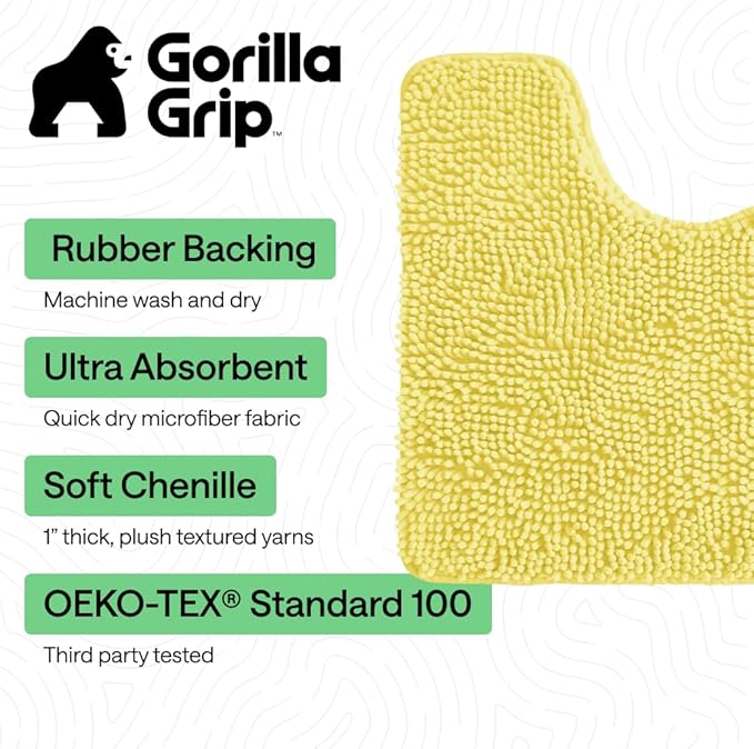 GORILLA GRIP Plush Absorbent Shaggy Chenille Bath Rug Mat for Oval Toilet Base with Rubber Backing, Machine Washable Rugs, Soft Microfiber Contour Mats for Toilets, Bathroom Decor, Yellow