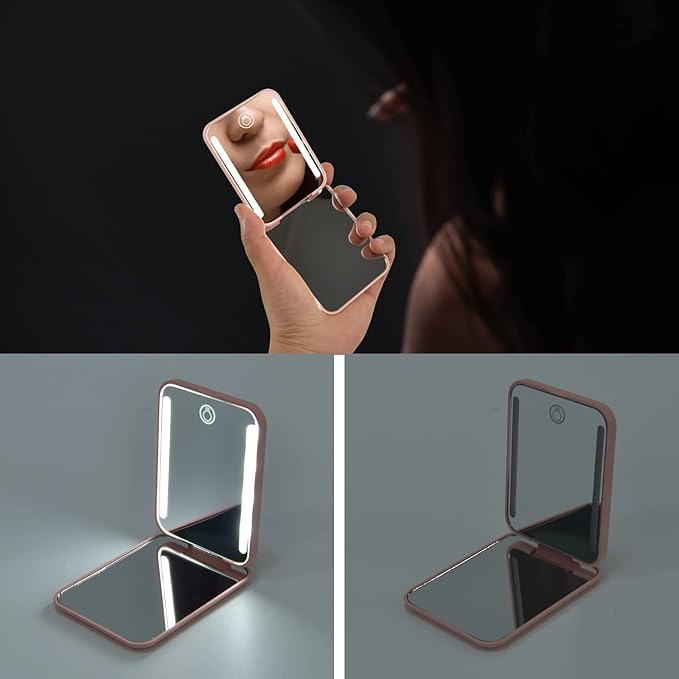 Kintion Rechargeable Pocket Mirror with Light, 1X/3X Magnification Compact Mirror, 3 Color Lights, Small Portable Lighted Travel Mirror for Women Gifts, Pink