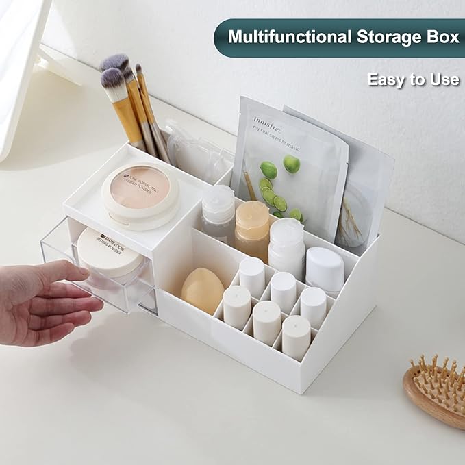 Makeup Organizer with Drawers,Large Capacity Countertop Organizer for Vanity,Bathroom and Bedroom Desk Cosmetics Organizer for Skin Care,Brushes, Lotions, Nail Polish and Jewelry (White)