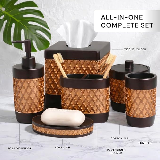 Decozen Bathroom Accessories 6Pcs Set, Soap Dispenser, Toothbrush Holders, Tumbler, Soap Dish & Cotton Swab Jar – Modern Bathroom Decor, Modern Farmhouse Decor, Countertop Accessories, Gold