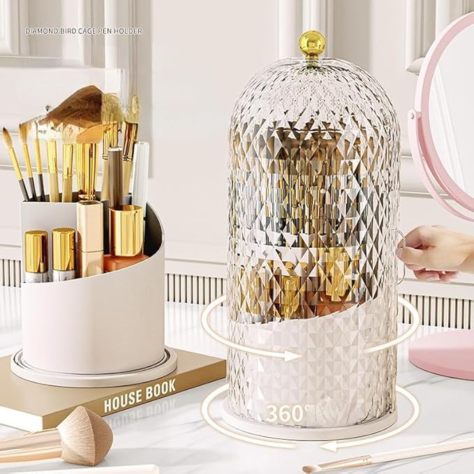 Makeup Brush Holder Organizer with 360° Rotating Lid Dustproof Makeup Brushes Organizer for Vanity Desktop Bathroom Countertop Clear Cover Easy Visibility (White)