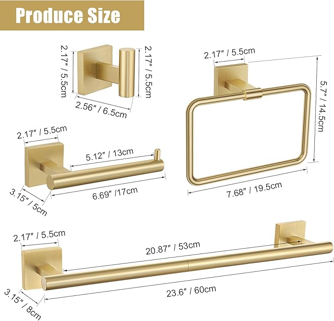 TNOMS Gold Towel Bar Set 5-Piece Brushed Gold Bathroom Hardware Accessories Set Include 23.6in Towel Bar Toilet Paper Holder Towel Ring Towel Hooks,Stainless Steel Towel Holder Set Wall-Mounted