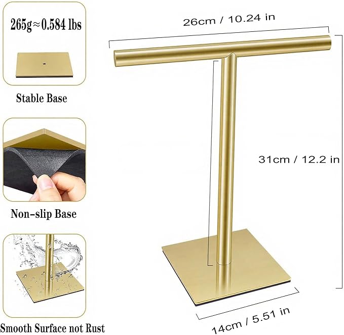 Freestanding Hand Towel Holder Countertop Modern Stand Towel Rack with Square Base Space Saving 304 Stainless Steel Hand Towel Holder Brushed Gold Finished