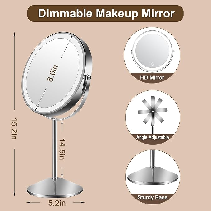 Flymiro Lighted Makeup Mirror,1x/10x Magnifying Vanity Mirror with Light,3000 mAh Rechargeable Light up Mirror,3 Colors Brightness Adjustable, 2-Sided, 8" Round,360° Rotation, Gift for Women