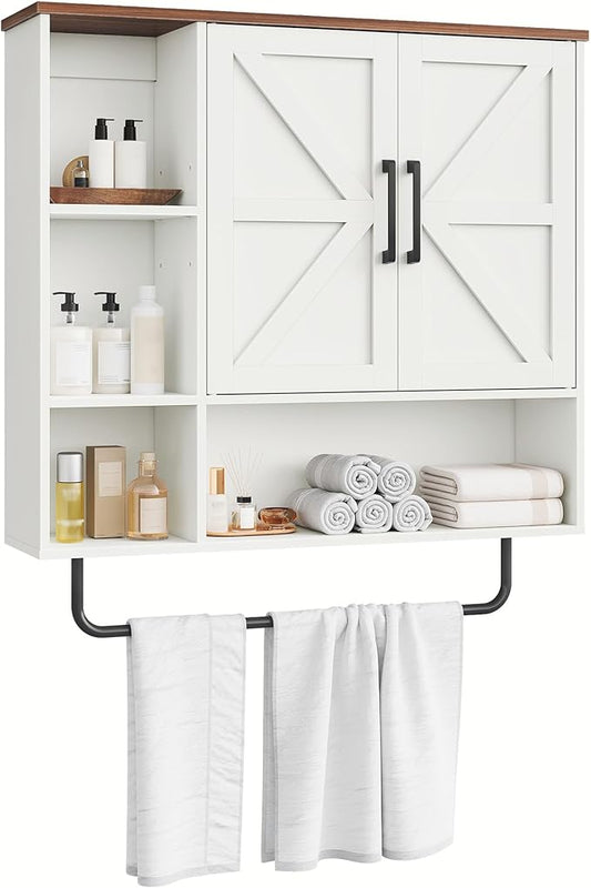 CHOEZON Bathroom Wall Cabinet, Medicine Cabinet Wall Mounted, Over Toilet Storage Cabinet, Wall Cabinet with Towel Bar, Open and Hidden Storage Space, for Bathroom Living Room Kitchen White and Walnut