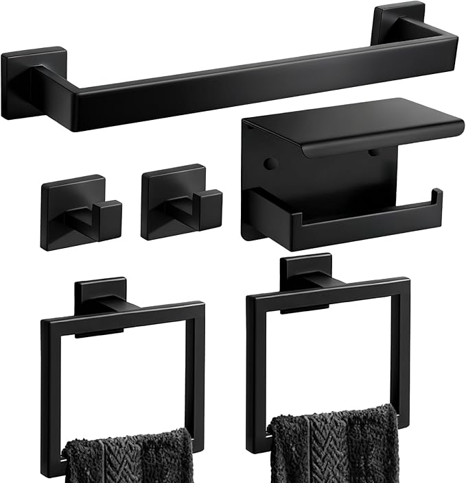 Matte Black Bathroom Hardware Set 6-Piece, Stainless Steel Black Bathroom Accessories, 16" Towel Bar, Toilet Paper Holder with Shelf, 2 Towel Rings & 2 Heavy-Duty Hooks, Wall Mounted for Bathroom