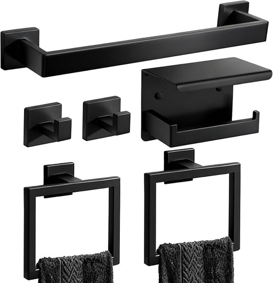Matte Black Bathroom Hardware Set 6-Piece, Stainless Steel Black Bathroom Accessories, 16" Towel Bar, Toilet Paper Holder with Shelf, 2 Towel Rings & 2 Heavy-Duty Hooks, Wall Mounted for Bathroom