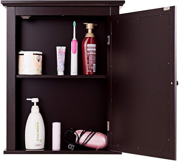 Tangkula Bathroom Cabinet with Mirror, Mirrored Wall-Mounted Storage Medicine Cabinet w/Single Door & Adjustable Shelf in 5 Positions, Multipurpose Wall Cabinet for Bathroom (Brown)