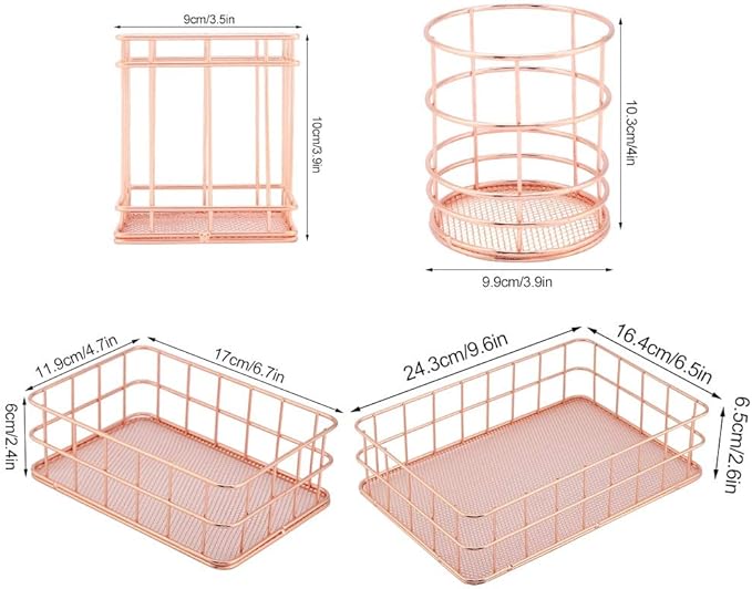 Fdit Makeup Storage Basket Organizer Rose Gold Iron Cosmetic Storage Holder Desktop Decor Household Woman Girl Lady(B)