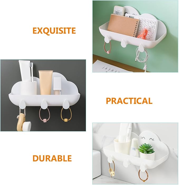 Cloud-Shaped Hanging Bathroom Shelf with Hooks, White Plastic Wall Storage Rack for Home Bathroom Organizer and Wall-Mounted Storage Basket