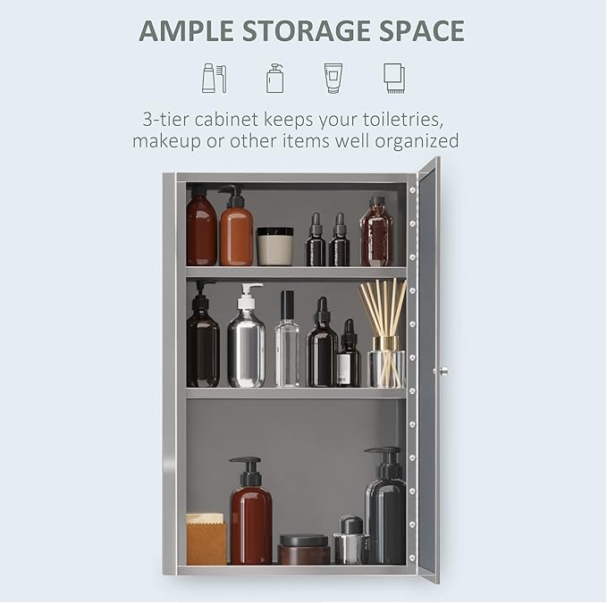 HOMCOM Bathroom Mirrored Cabinet, Vertical 16" x 24" Stainless Steel Frame Medicine Cabinet, Wall-Mounted Storage Organizer with Single Door