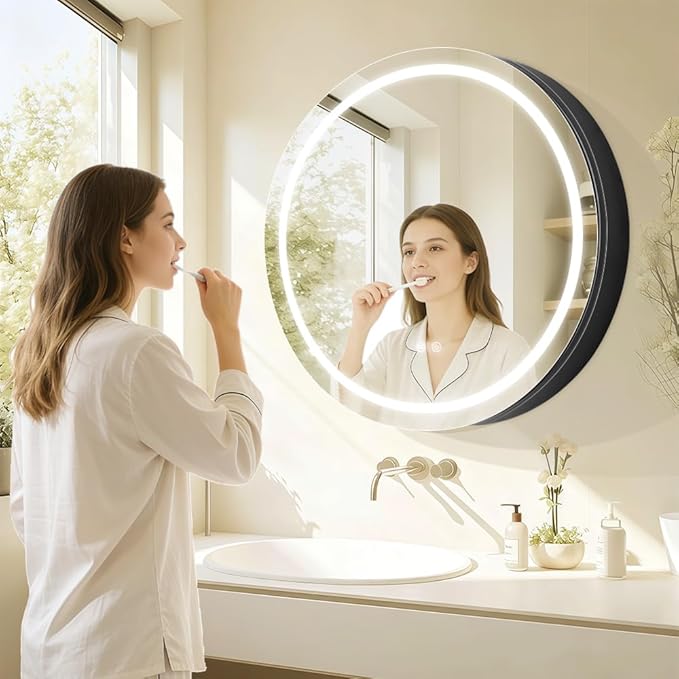 Round Medicine Cabinet with Light,3 Color Temperature,Dimmer,Defogger,32inch,Black