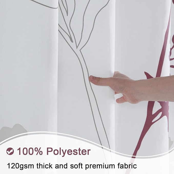 Floral Fabric Shower Curtain, White and Burgundy Flower Shower Curtain, Blue and Gray Plant Shower Curtains for Bathroom, Waterproof Bathroom Curtains, 72" W x 72" H