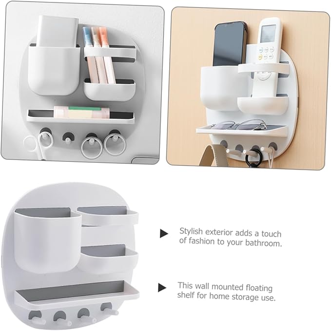 Remote Controller Stand Wall Mounted Bathroom Shelf Organizer Hooks Multi-Function Floating Storage for Toiletries and Bathroom Decor Stylish and Space-Saving Design
