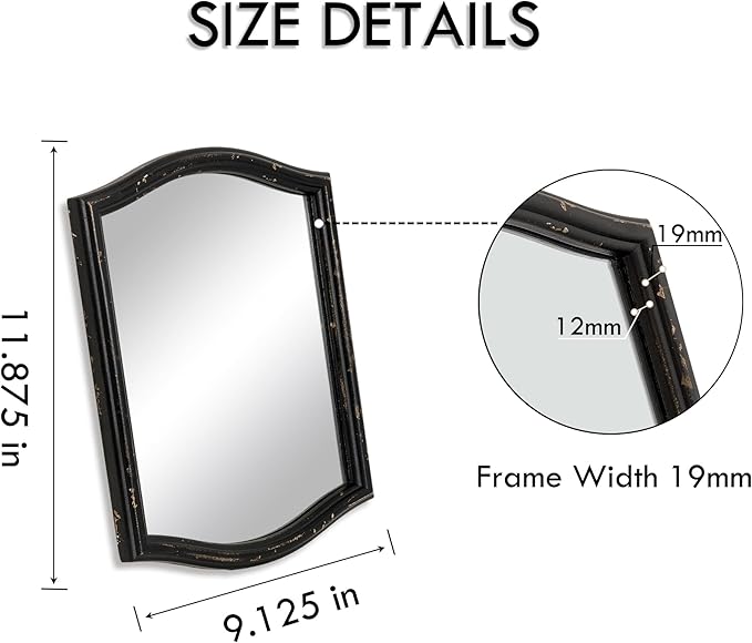Small Vintage Vanity Black Makeup Scalloped Mirror Antique Wavy Square Farmhouse Mirror for Tabletop Living Room Bedroom Countertop Dresser 9.13x12