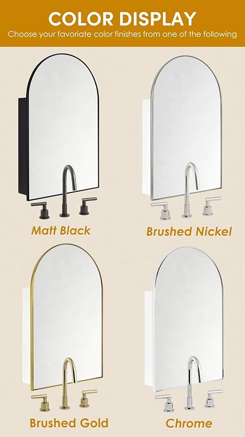 TEHOME 20 x 30'' Brush Gold Arched Bathroom Medicine Cabinet with Mirror Recessed and Surface Mount Medicine Cabinet Mirror
