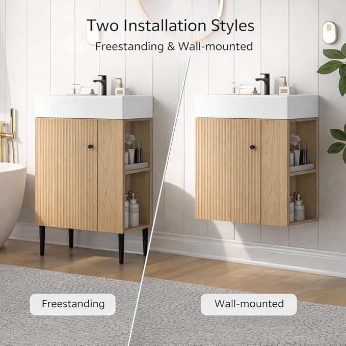Virubi 21.6 in Small Bathroom Vanity with Sink,Doors and Storage Shelves,Wood Modern Single Fluted Bathroom Sink Cabinet Freestanding (Natural Wood,Right Shelf)