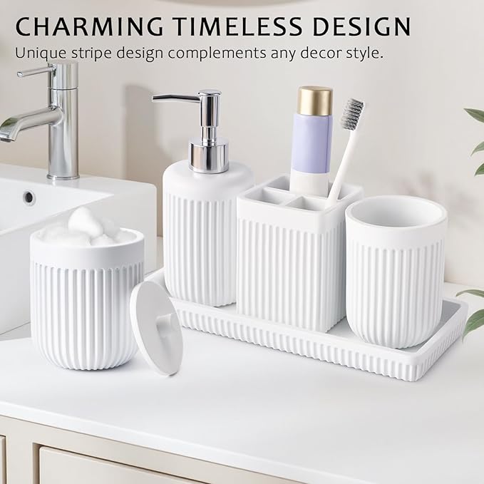 XLHOMO White Bathroom Sets with Shower Curtain and Rugs, 8-Piece Resin Bathroom Accessories Sets Complete with Soap Dispenser, Toothbrush Holder, Tumbler, Tray & Cotton Swab Jars Bathroom Essentials