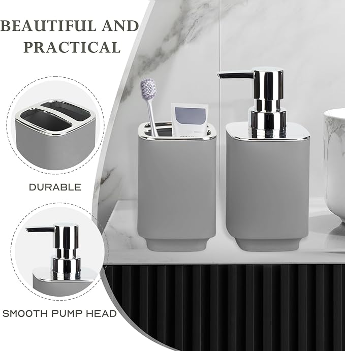 Grey Bathroom Accessories 2 Pieces, Soap Dispenser and Toothbrush Holder Set for Boho Bathroom