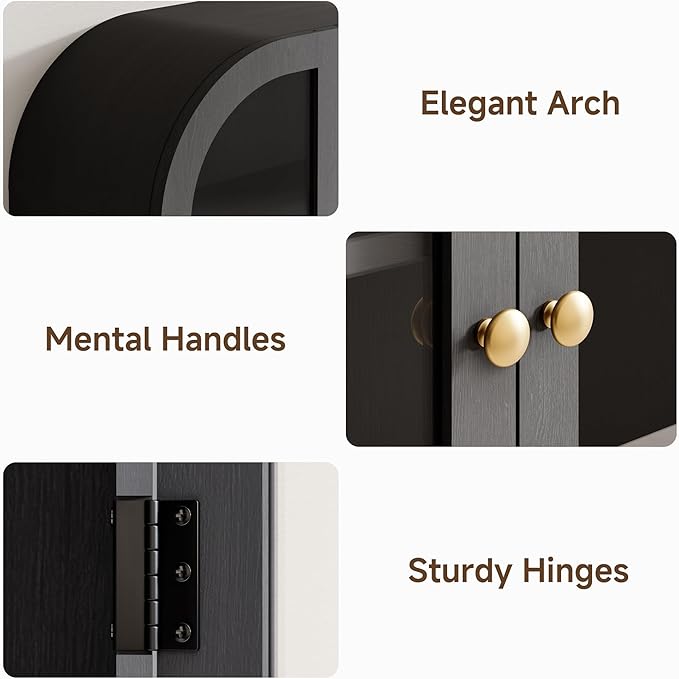Fatmok Arched Bathroom Wall Cabinet Set of 2, Over-The-Toilet Storage Cabinet with Glass Doors & Adjustable Shelf, Wood Floating Medicine Cabinet for Bathroom, Laundry, Kitchen(Black)
