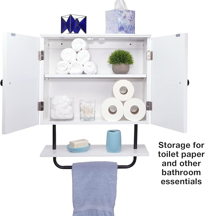 EXCELLO GLOBAL PRODUCTS 22" x 27.5” Barndoor Bathroom Wall Cabinet, Space Saver Storage Cabinet Kitchen Medicine Cabinet with Adjustable Shelf and Towel Bar, White