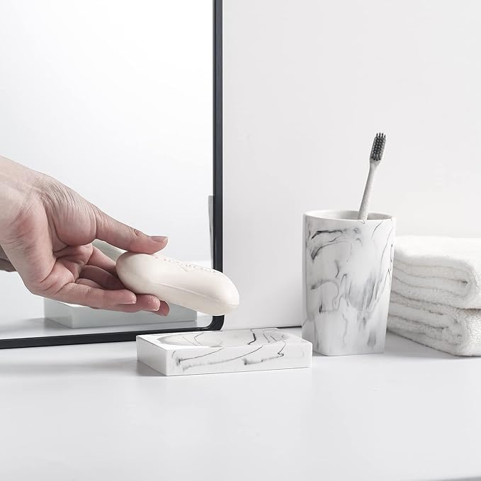 5 Piece Bathroom Accessories Set, Marble Resin Bathroom Vanity Set, Soap Dispenser, Toothbrush Holder, Soap Dish & 2 Tumblers, Bathroom Countertop Organizer Set (Ink White)