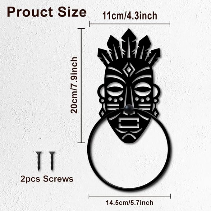 MAYJOYDIY Tribal Face Metal Towel Ring Round African Theme Hand Towel Holder Primitive Ring Hanger Wall Mount Black Vintage Towels Wall Organizer for Kitchen Bath Home Laundry Room Decors Gifts