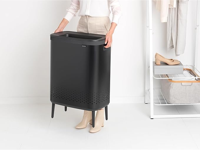 Brabantia Bo Laundry Hamper Hi (Matt Black) 2 Compartment Removable Laundry Bag 2 x 12 Gal, Ventilated Stylish Dirty Clothes Holder, Flat Back, Off-the Ground, Anti-Rust Materials for Bathroom Use