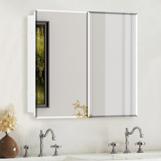 Medicine Cabinet with Mirror, 32x26 Inch Bathroom Mirrored Cabinet with Double Doors, Extra Storage Space, Bevel Mirror Wall Cabinet, Recessed or Surface Mount