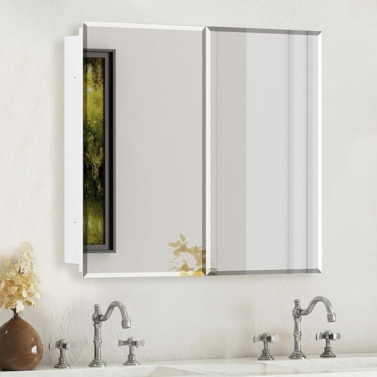 Medicine Cabinet with Mirror, 32x26 Inch Bathroom Mirrored Cabinet with Double Doors, Extra Storage Space, Bevel Mirror Wall Cabinet, Recessed or Surface Mount