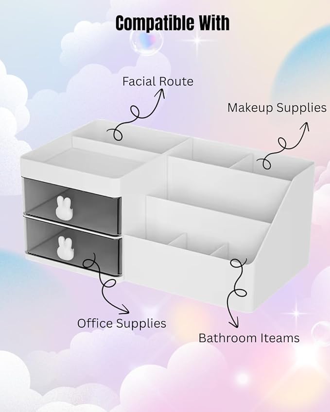 Bathroom Makeup Organizer and Storage with Bunny Handle - Detachable 2 Drawer Kids Electric Toothbrush and Toothpaste Holder for Bathroom Accessories Organization Counter Vanity Storage, White