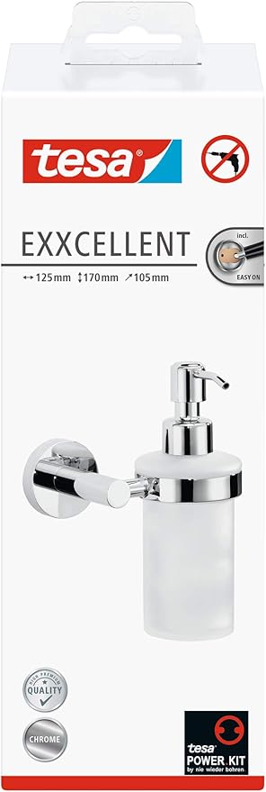 tesa EXXCELLENT Bathroom Shelf - self-Adhesive Shelf for Bathroom Accessories - Chrome Handles, Satin Glass Surface - 50 mm x 600 mm x 118 mm