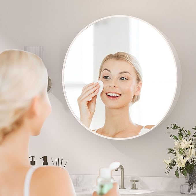 28 x 28 Inch Round Medicine Cabinet with Mirror,White Circular Bathroom Cabinet Wall Mounted,Metal Framed Mirror Medicine Cabinet with Adjustable Shelves for Bathroom Vanity