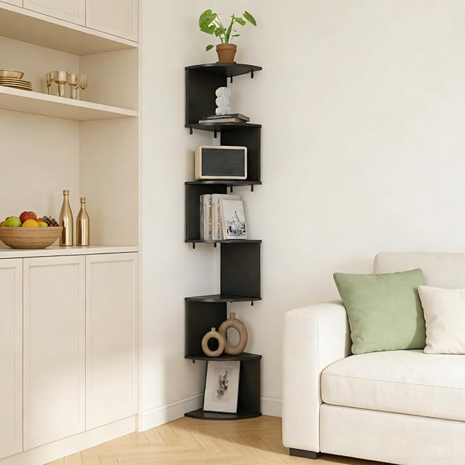 Modern Angled Design 7 Level Corner Shelf for Bathroom Bedroom Living Room Made of Durable Wood Plastic Board