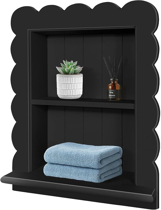 Royxen 14"x18" Recessed Medicine Cabinet, 2-Tier Wooden Bathroom Wall Cabinets Without Mirror,Scalloped Large Medicine Cabinet Niche for Bathroom Storage Organizer (Black, 14 x 18 Inch)
