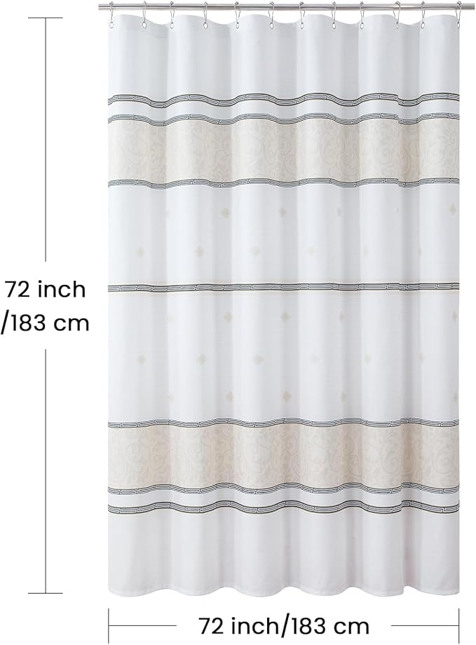 Fabric Shower Curtain, White Cream Black Print Waterproof Shower Curtains for Bathroom, 72" W x 72" H