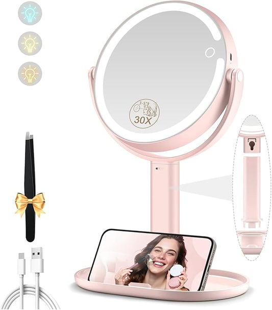 MOMOKUBA Makeup Mirror with Lights, Double Sided 1x/30x Magnifying Mirror with Light, Rechargeable 3 Color Lights and Adjustable Brightness, 360° Rotation Detachable Comes with Tweezer(Blush-30X)