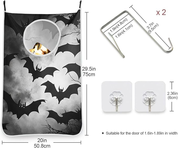 Hanging Laundry Hamper Over the Door with Stainless Steel Hooks Rack Dirty Clothes Wall Mounted Hamper Basket Bag 29.5X20inch Grey Halloween Bats