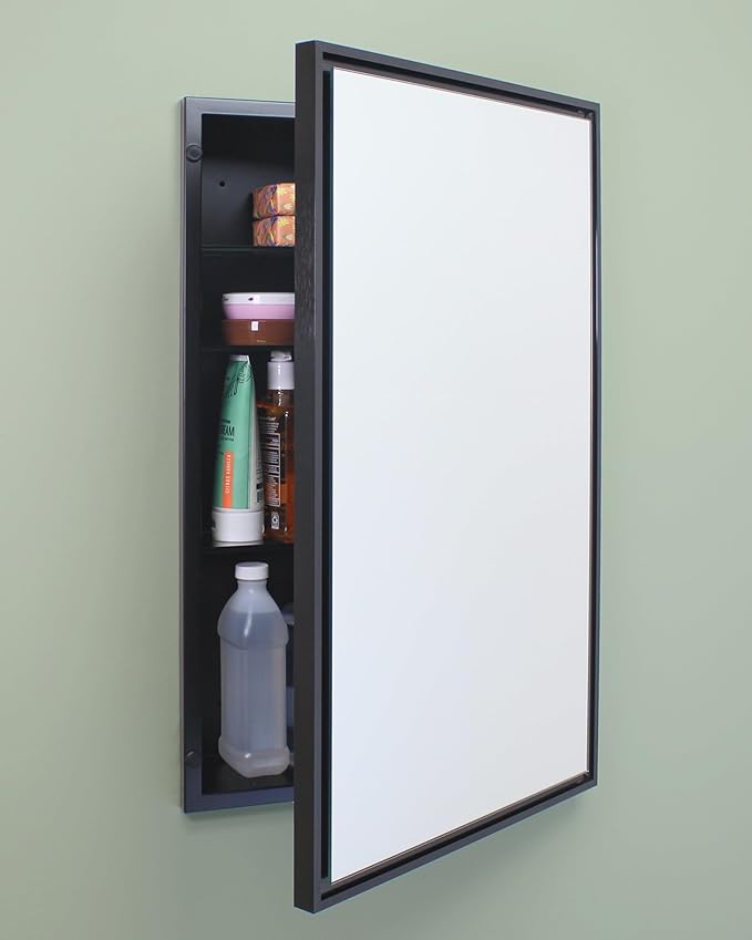 Fox Hollow Furnishings 16x26 Parker Metro Metal Framed Rectangle Recessed Bathroom Medicine Cabinet, Floating Mirror, 14x24 in-Wall Opening, Steel, Adjustable Glass Shelves, Magnet Close, Black