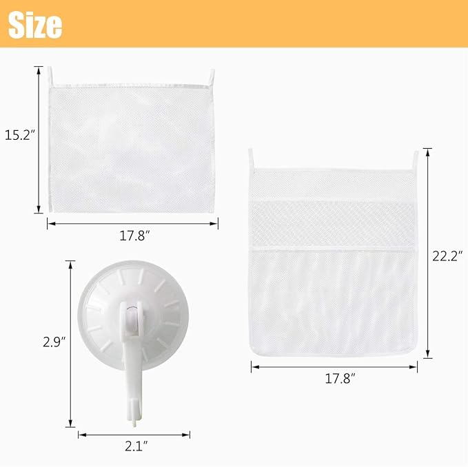 TTSAM Bath Toy Organizer Mesh Storage Organizer Baby Shower Toys Bathtub Net Bag Kids Quick Dry Bathtub Mesh Net Bathtub Toy Holder 2 X Bathroom Storage Bag & 6 X Strong Suction Hooks (White)