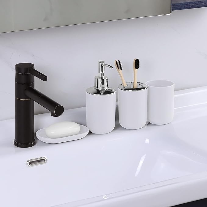 IMAVO Bathroom Accessories Set,White Bathroom Set,9 Pieces Bathroom Accessory Set,Tray,Qtip Holders,Toilet Brush,Trash Can for Bathroom Décor and Home Gifts